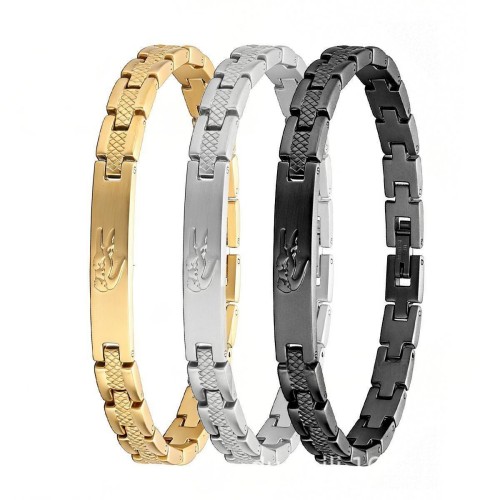 Men's Stainless Steel Link Bracelet with Crocodile Logo Engraved, Sleek ID Bar Metal Wristband, Fashion Jewelry Gift for Him, Gold/Silver/Black