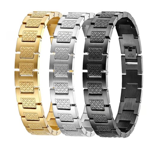 Men's Wide Stainless Steel Textured Link Bracelet, Masculine Geometric Design with Crocodile Clasp, Heavy Duty Metal Wristband for Men